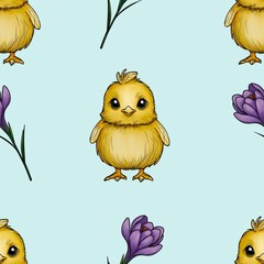 Seamless Pattern Cute Chick with Purple Crocuses Big Design on Blue Background