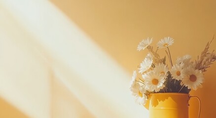 Beautiful spring flowers in a yellow watering can set against a yellow background, with ample space for text – 3D Rendering, 3D Illustration