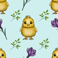 Seamless Pattern Cute Chick and Purple Crocuses with Leaves Big Design on Blue Background