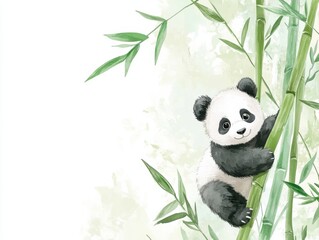 Whimsical watercolor panda baby in spring bamboo forest