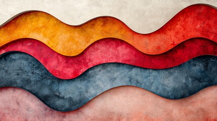 Obraz premium Abstract wavy layered texture background in red, orange, blue, and beige.