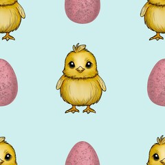 Seamless Pattern Cute Chick and Eggs Big Design on Blue Background