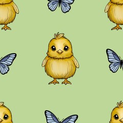 Seamless Pattern Cute Chick and Butterfly Big Design on Green Background