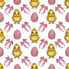 Seamless Pattern Cute Chick and Eggs with Pink Bow Small Design on White Background