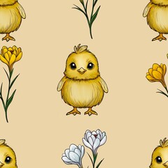 Seamless Pattern Cute Chick with White and Yellow Crocuses Big Design on Yellow Background