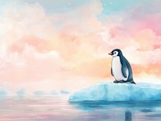 Whimsical watercolor penguin on iceberg at sunset - perfect for baby room decor