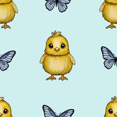 Seamless Pattern Cute Chick and Butterfly Big Design on Blue Background