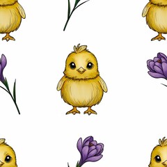 Seamless Pattern Cute Chick with Purple Crocuses Big Design on White Background