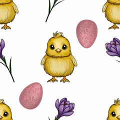 Seamless Pattern Cute Chick and Purple Crocuses with Leaves and Pink Egg Big Design on White Background