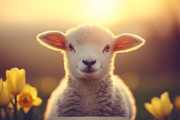 Obraz premium A adorable spring lamb frolicking in a meadow filled with blooming flowers. Generated by AI.