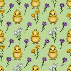 Seamless Pattern Cute Chick and Colorful Crocuses Small Design on Green Background