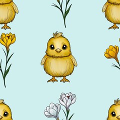 Seamless Pattern Cute Chick with White and Yellow Crocuses Big Design on Blue Background