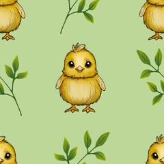 Seamless Pattern Cute Chick and Leaves Big Design on Green Background