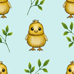 Seamless Pattern Cute Chick and Leaves Big Design on Blue Background