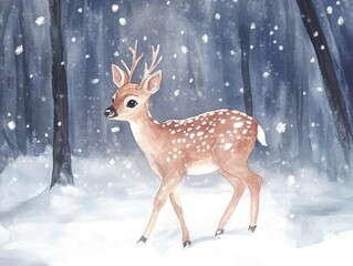 Whimsical winter deer in snowy forest watercolor illustration for seasonal art and decor