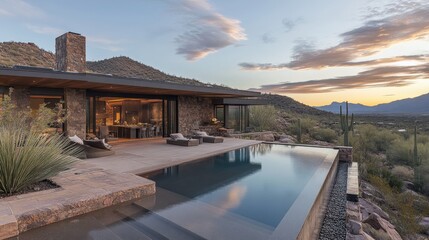 Fototapeta premium A sleek pool with an adjacent patio, catching the golden hues of the morning sun against a modern home facade.