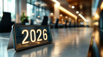 Small modern "2026" sign placed on a sleek office table with bright white gold and silver tones symbolizing innovation progress and futuristic vision with empty caption space for customization

