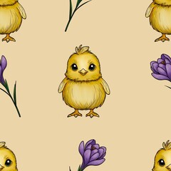 Seamless Pattern Cute Chick with Purple Crocuses Big Design on Yellow Background