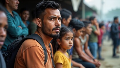 People seek refuge in disaster shelter. Many people wait in crowd. Children, adults present. Sense of anxiety, uncertainty hangs in air. Difficult situations create distressing conditions, need for