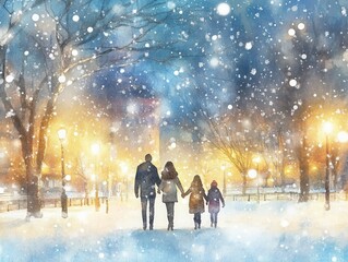 Fototapeta premium Whimsical winter scene of a family walking at night in a snowy park with glowing streetlights and snowflakes