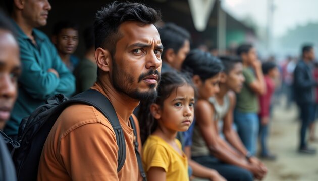 People seek refuge in disaster shelter. Many people wait in crowd. Children, adults present. Sense of anxiety, uncertainty hangs in air. Difficult situations create distressing conditions, need for