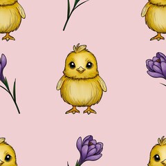 Seamless Pattern Cute Chick with Purple Crocuses Big Design on Pink Background