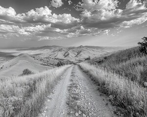 Monochrome landscape photo of a dirt road winding through grassy hills towards distant mountains under a cloudy sky.