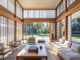 Naklejka premium A modern home's living room features a Japanese-inspired interior design with minimalist furniture, shoji screens, and traditional tatami mats, creating a serene and harmonious space 