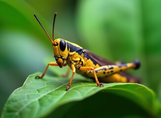 Fototapeta premium Closeup view of grasshopper on green leaf. Insect eating leaf. Vivid yellow, black colors. Nature detail. Summer scene. Wildlife photography. Macro photography. Pest insect eating plant. Healthy