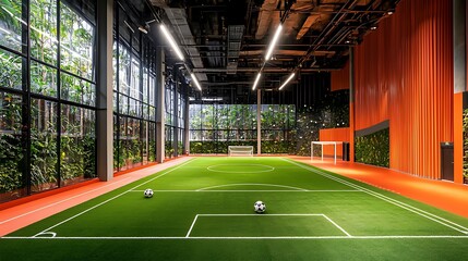 Obraz premium Indoor soccer field with artificial turf, large windows, and vibrant orange walls.