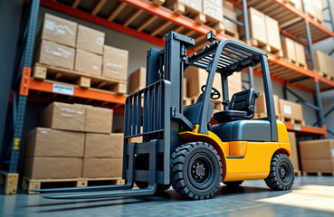Warehouse interior shows forklift loader among stacked pallets, boxes. Industrial equipment moves goods. Logistic center high storage racks. Modern warehouse tech features. Warehouse operation