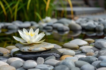 Fototapeta premium Serene white water lily rests on stacked stones in a peaceful pond, creating a tranquil and meditative scene