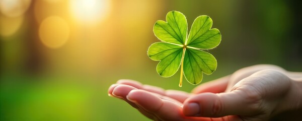 Lucky four-leaf clover held gently in hand. Natural spring summer scenery. Green leaf nature photo. Good luck happy symbol. Natural eco friendly gift idea. Beautiful natural scenery. Happy season