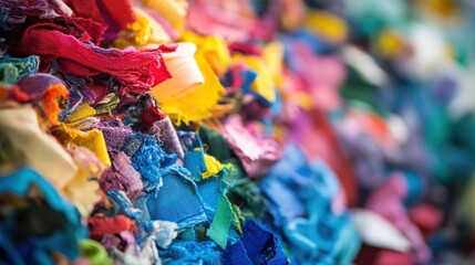 Fototapeta premium Close up of a vibrant pile of colorful rags, showcasing a variety of textures and hues, perfect for representing textile recycling, sustainable fashion or creative reuse of old clothes