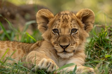 Fototapeta premium Young lion cub resting on green grass in its natural habitat