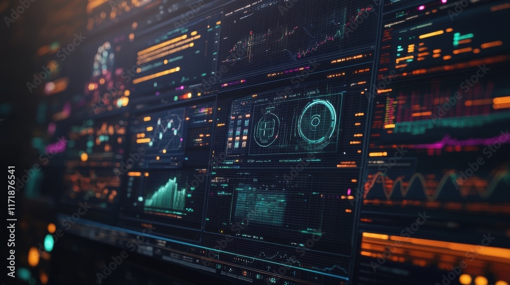 Aufkleber multiple computer screens displaying complex data visualizations, charts, graphs, and code, suggesti