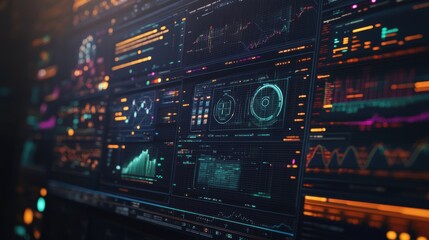 Fototapeta premium Multiple computer screens displaying complex data visualizations, charts, graphs, and code, suggesting a high tech environment for monitoring and analyzing information in real time