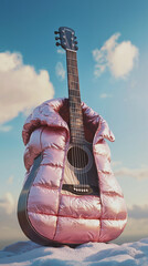 Acoustic guitar with a pink winter puff jacket. Blue sky background white clouds. Minimal creative concept of playing music, festivals and musical.