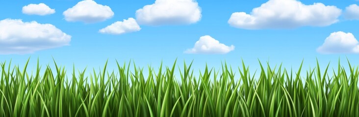Fototapeta premium In a spring theme panorama, green grass sways under a vast, blue sky, clear and inviting