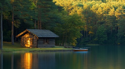 Obraz premium Lakeside cabin at sunset, golden light reflecting on calm water.