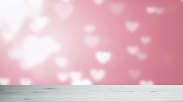 Empty wooden table top in front of blurred pink flying hearts bokeh lights background.Can be used mock up for display or montage your products. Valentine's Day, Love, holidays concept,4K looping video