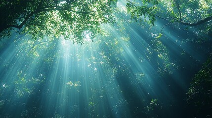 Fototapeta premium Sunbeams penetrate a misty forest canopy.