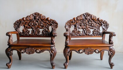 Two Ornate Wooden Chairs Feature Intricate Carvings