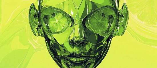 Surreal and psychedelic digital art depicting an abstract alien face with vivid green liquid like elements morphing distorting and melting in a mind bending futuristic