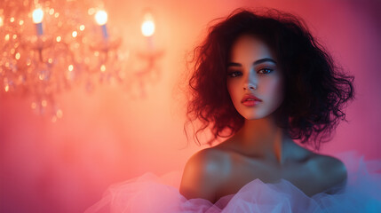 captivating portrait of woman with curly hair, soft lighting, and dreamy background. ethereal atmosphere enhances her beauty and elegance.