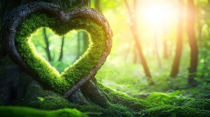A natural heart emerges from the tree trunk in a vibrant green forest setting. Ideal Valentine’s Day background. Space available for copying