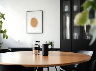Fototapeta premium Scandinavian interior design with a round table, black chairs, and a cabinet in the background, featuring simple wall art decoration