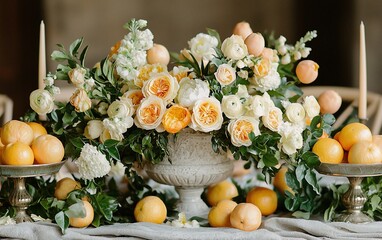 Elegant centerpiece of white and orange flowers, oranges, and greenery in a stone urn.