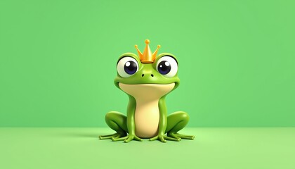 Fototapeta premium Playful cartoon frog wearing a crown green background digital art fun environment whimsical viewpoint