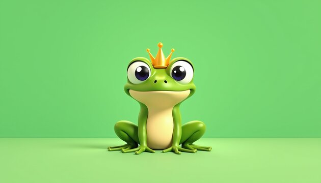 Playful cartoon frog wearing a crown green background digital art fun environment whimsical viewpoint